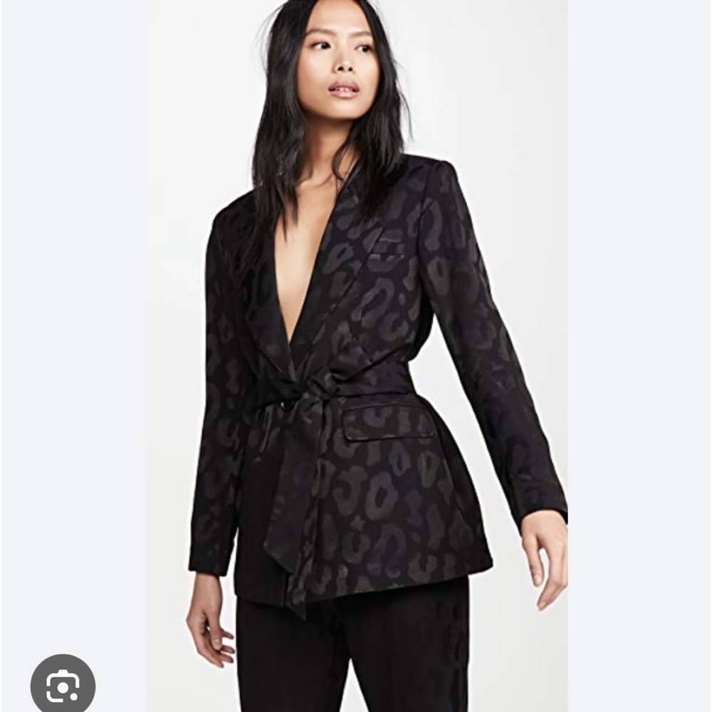 Anine Bing Black Satin Leopard Jacquard Tie-Waist Blazer